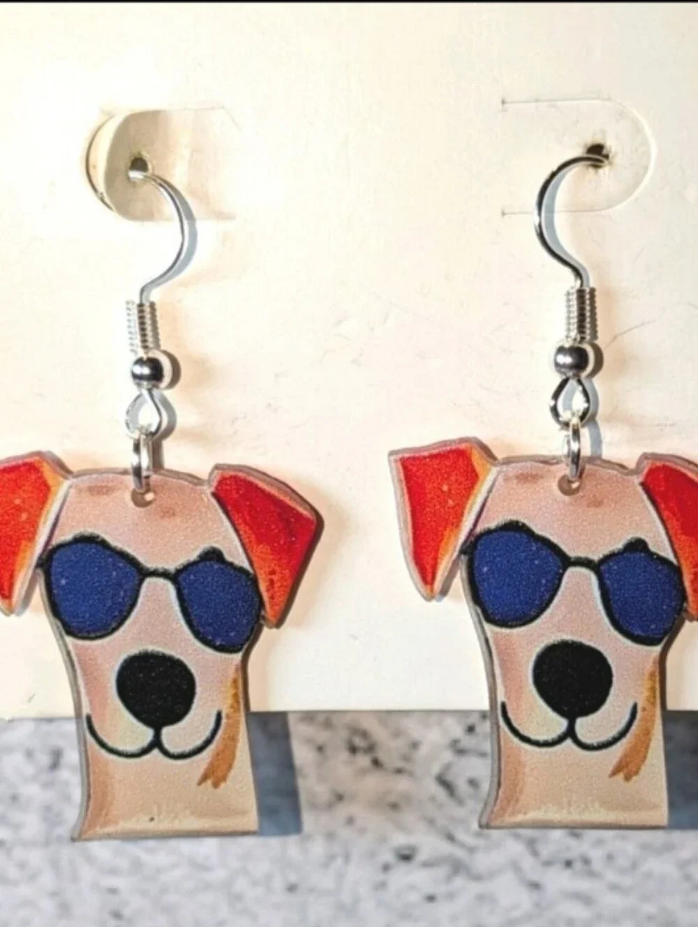 Cute Dog Face Sunglasses Dangle Earrings - Blue & Orange